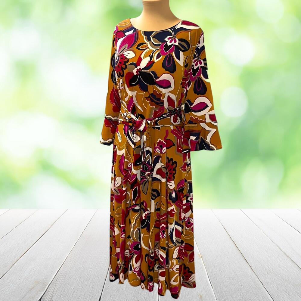 Vtg Y2K LESLIE FAY Midi Dress Tie Front Bell Sleeve Retro Floral Fit Flare Sz 14